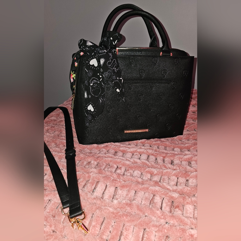 Betsey Johnson Black Leather Skullicious Satchel Purse
